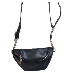 Black Faux Leather Crossbody Purse Bag  With Adjustable Strap & Chain Detail